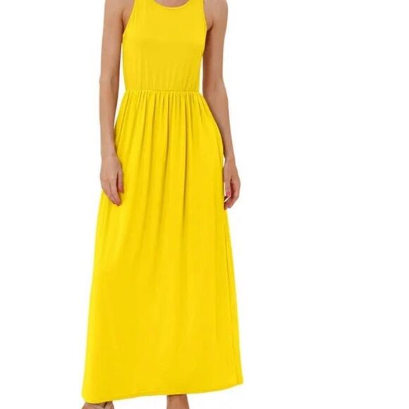 Dresses & Skirts - Women Round Neck Sleeveless Dress with Pockets, Yellow Medium
